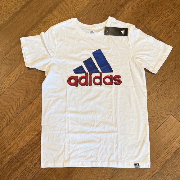 Adidas Kids White Tee with Blue and Red Logo - Picture 1 of 2